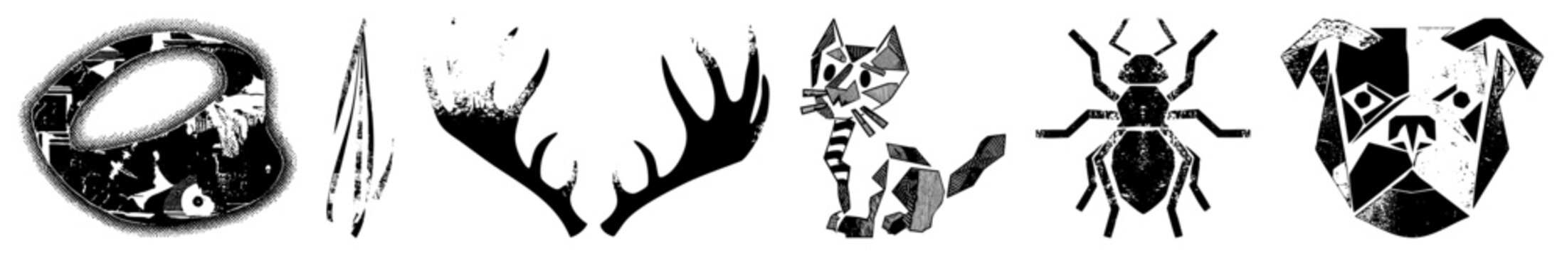 Stylized animal cutouts with angular facets, origami inspired forms, black and white vector art, geometric, isolated foreground elements.