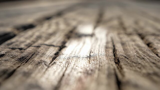 Macro view of weathered wooden planks with rough texture and deep cracks