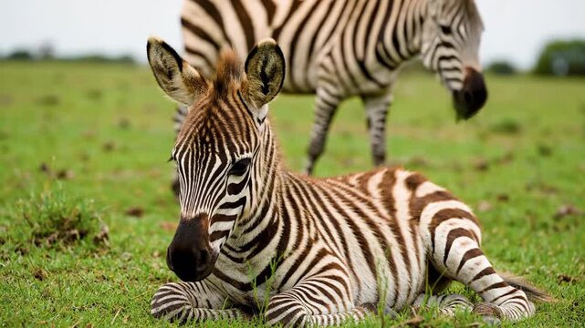 Adorable African Wildlife. Baby zebra foal resting on green grass. Perfect for nature documentaries or conservation projects.