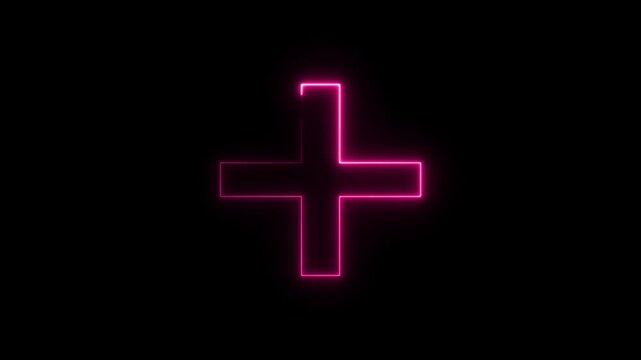 Neon plus icon animation, medical cross sign outline, glowing simple positive plus icon.