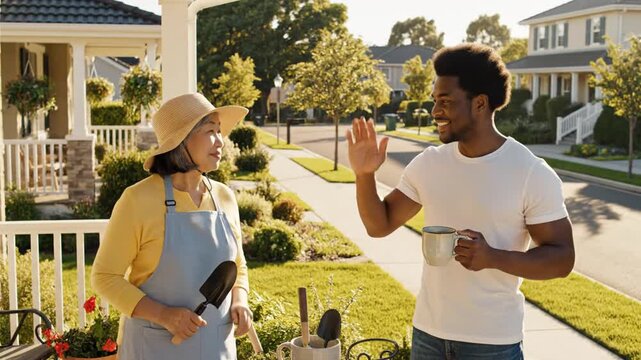 Two smiling neighbors wave in a sunny suburban street, one with tools, the other holding a mug