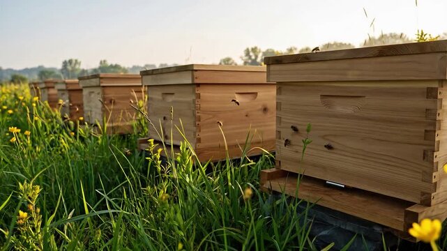 Row of wooden beehives standing in a vibrant buttercup field during golden hour for sustainable beekeeping and honey production concept