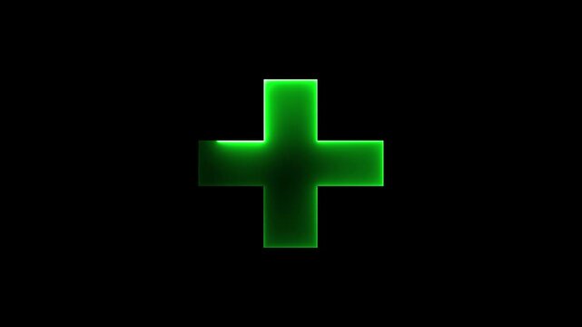 Neon plus icon animation, medical cross sign outline, glowing simple positive plus icon.
