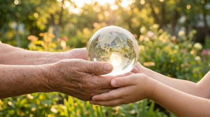 Older and younger hands holding a glowing glass earth globe in lush green nature during golden hour for environmental protection and generational legacy concept