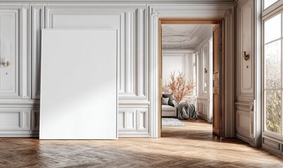 Elegant interior with white paneling, a large blank canvas, and an open doorway to another room