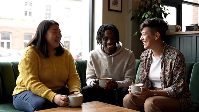 Three diverse friends, seated together on a green sofa, drinking coffee and laughing