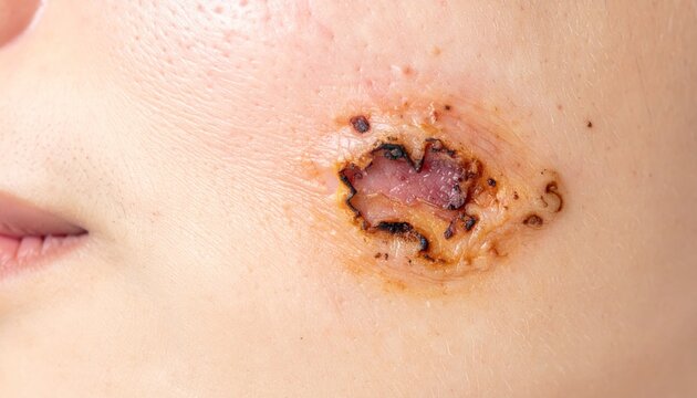 Close-up of a skin lesion, possibly a burn or wound, on human skin, showing damaged tissue and discoloration.