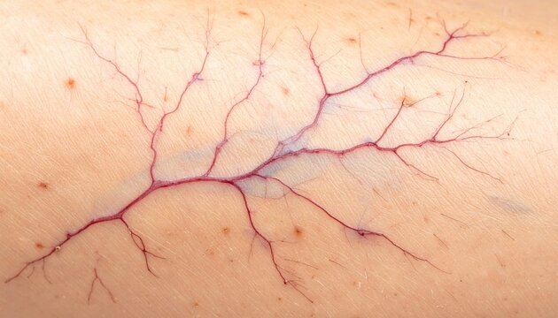 Close-up of spider veins on human skin, showing a network of visible capillaries and small blood vessels, indicating a common dermatological condition.