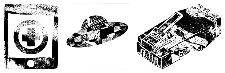Obraz premium Digital health on phone, patchwork style hat, network plug, halftone vector graphics, tech and wellness symbols.
