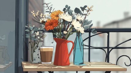 Vibrant Floral Arrangement on a Balcony Table with Coffee and Decorative Vases in a Calm Urban Setting Capturing the Essence of Relaxation and Beauty