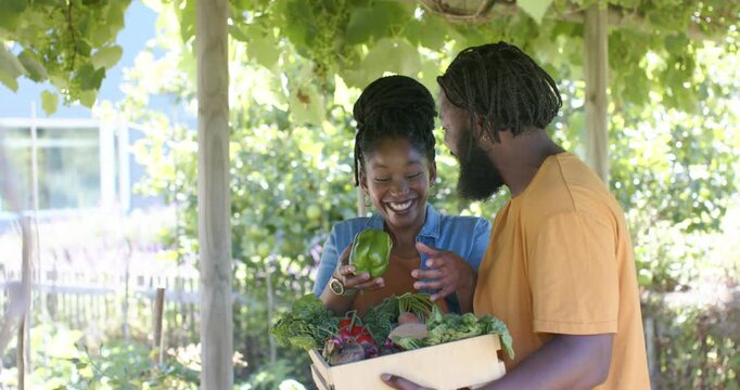 Couple under pergola woman denim showing green pepper man orange tee steadying crate checking