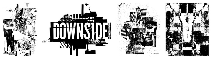 Obraz premium Fragmented graphic composition with sharp angles, layered shapes, and bold text “DOWNSIDE,” rendered in halftone and stencil styles, ideal for urban or punk aesthetics.