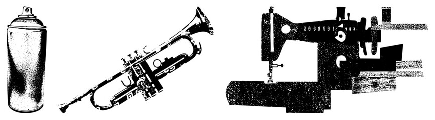 Black and white halftone vector of spray can, trumpet, and sewing machine, isolated graphic elements, artistic stencil style, creative design assets.