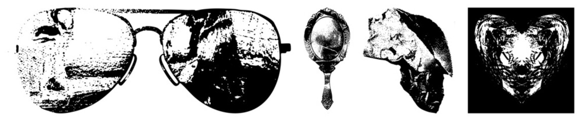 Aviator sunglasses, vintage mirror, crumpled paper, glowing eyed heart mask. Vector art with halftone & flat shading.