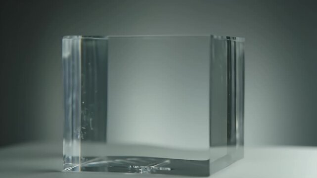 Clear Glass Cube Showcasing Light and Reflection in Minimalist Setting