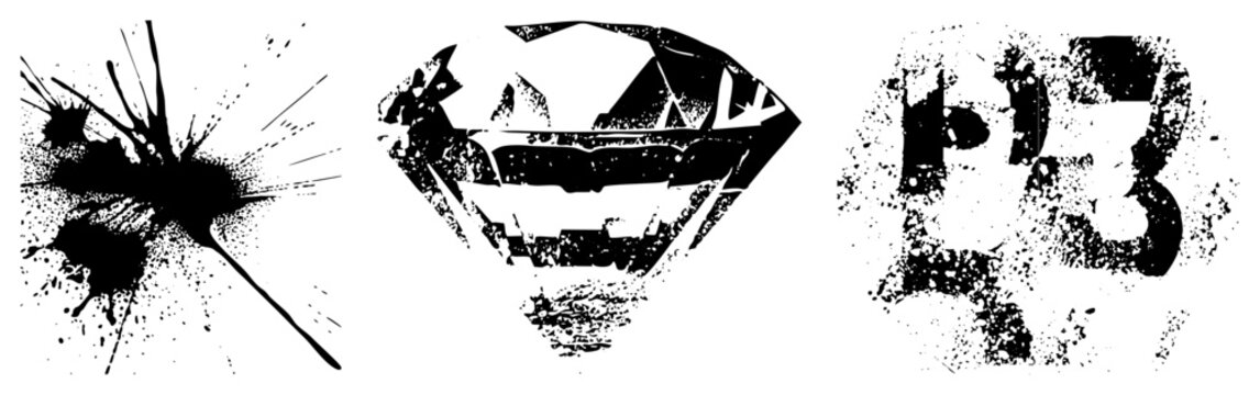 Graphic vector featuring ink splatter, diamond cut, and gritty number 13, halftone style, isolated design elements, aesthetic.