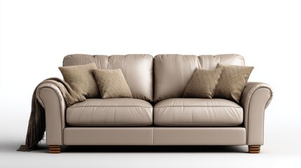 Fototapeta premium Cozy Modern Leather Sofa with Cushions and Throw Blanket