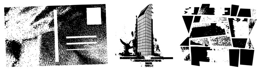 Fragmented polygonal forms rendered in halftone texture, abstract composition, graphic design elements, digital vector art,.