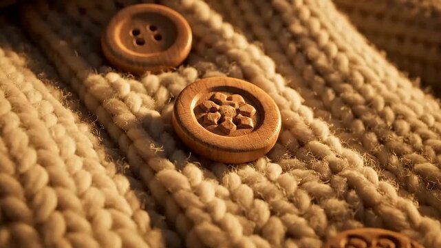Fall Cozy Fashion knit sweater with rustic wooden buttons showcasing intricate details and soft texture, bathed in warm inviting golden hour light with a shallow depth of field close-up