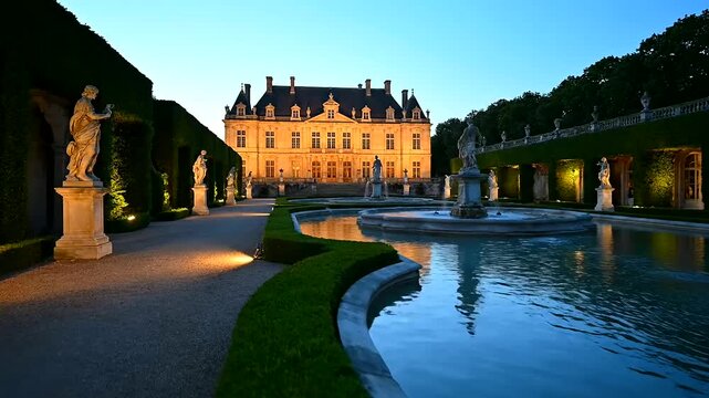 Neural network trading concept aside, this image shows a serene European chateau garden at dusk, featuring illuminated statues and tranquil reflections.