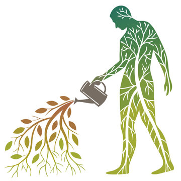 Human silhouette nurturing plant growth from watering can