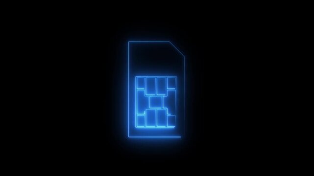 Neon sim card icon animation, glowing sim card outline loop 4k motion graphic. sim card icon stroke line moving.