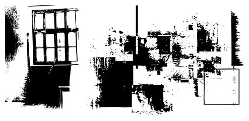 Obraz premium Stylized cityscape with windowed facade, fragmented buildings, urban forms, graphic city blocks, architectural abstraction.