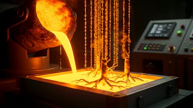 Neural network trading drives market growth as molten gold sculpts a digital tree structure, binary data streams descending in a dark, AI-powered industrial environment.