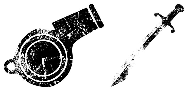 Grungy black and white vector of a whistle and sword, distressed texture, isolated symbols, weaponry, athletic tools.