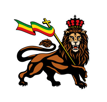 Crowned Rasta Lion Holding Flag Vector | Lion of Judah Reggae Design