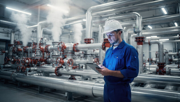 Industrial engineers working in control rooms, pipes and valves, and heavy machinery in modern factories.