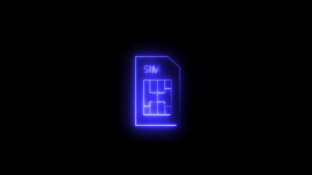 Neon sim card icon animation, glowing sim card outline loop 4k motion graphic. sim card icon stroke line moving.