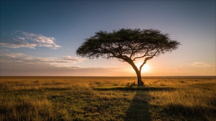 Fototapeta premium Sun-drenched acacia tree casts long shadows across a golden savanna landscape at sunset.