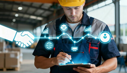 Fototapeta premium Industrial engineer manager wearing safety hardhat and using digital tablet computer at factory construction site