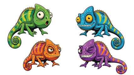 Naklejka premium Vibrant Cartoon Chameleons Collection with Playful Expressions