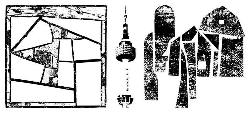 Geometric cityscape fragments, stylized buildings, urban, vector art, textured, modern architecture, graphic design elements.