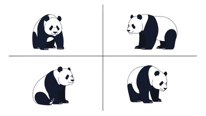 Set of cute panda illustrations in various poses. Black and white vector graphic design elements featuring adorable bears.