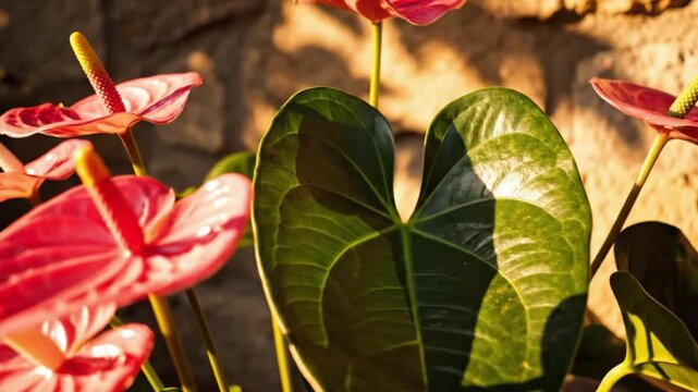 A sunlit shot of Anthurium plants featuring vibrant red flowers and broad green leaves set against a neutral backdrop