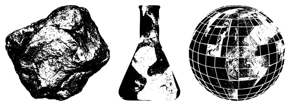 Scientific symbols rough rock specimen, lab conical flask, gridded globe, educational, STEM subjects, black and white vector graphics.