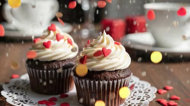 Cupcakes of Celebration: Two decadent cupcakes adorned with creamy frosting and heart-shaped sprinkles sit elegantly on a lace doily, a delightful treat for a festive occasion.