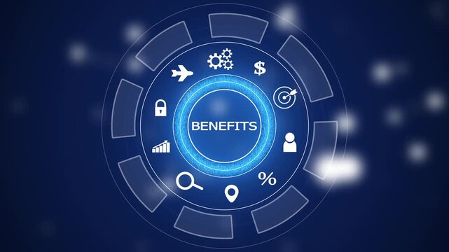 Digital interface displaying the word BENEFITS surrounded by representing finance, security, growth, and travel on a dark blue background with bokeh lights Keywords: benefits, business