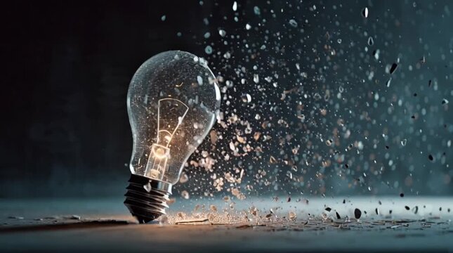 Dramatic light bulb shattering, symbolizing an explosive breakthrough of innovative ideas and transformative insights, paving the way for fresh perspectives
