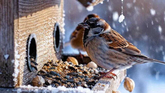 A sparrow perches on a snowy bird feeder beak full with other birds nearby in a wintery scene