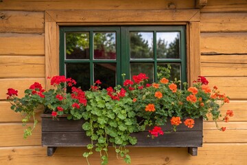 Wooden window box filled with vibrant orange flowers and lush green foliage, rustic home exterior decor, seasonal garden bloom in spring and summer.