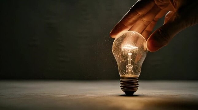 Illuminating idea with a hand gently touching a lit incandescent light bulb, symbolizing innovation and creative thought