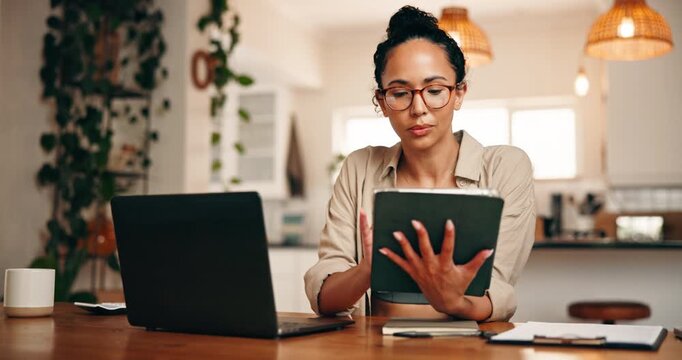 Woman, glasses and reading with tablet at house for research, finance report and budget review. Person, tech and website for mortgage payment, financial clipboard and comparison of household expenses