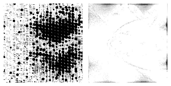 Black ink splatters over halftone grid, abstract texture, graphic design element, vector, digital art, printmaking effect, composition.