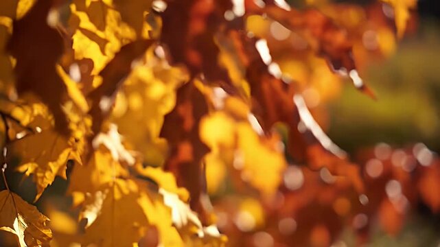 Close-up of autumn leaves in warm sunlight with blurred background bokeh