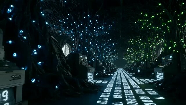Neural network trading algorithm visualizes futuristic data processing in a dark high-tech organic computing forest with glowing numbers and server machines.