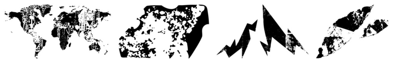 Black and white stylized world map, fragmented continents, textured geography, vector art, isolated design, global representation, cartographic graphic.